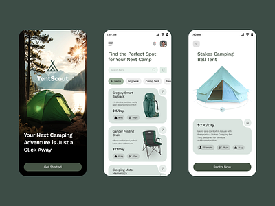 TentScout / Camping Equipment App UI Design android ios app design camp fire camping design equipment figma figma design hi interaction king location mobile app tour travelling trip ui ux vacation website design