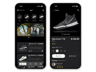 Sneaker store - Dark mode iphone iphone 16 mobile ui nike shoe sneaker ui ui design ux ux design