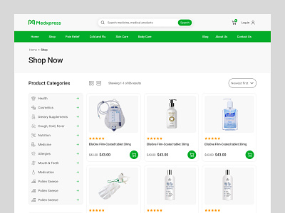 Medxpress - Pharmacy website shop page ecommerce figma design healthcare hospital website medical website medicine medicine website design oripio pharmacy ecommerce pharmacy shop pae pharmacy website pharmacy website shop page product design shop page ui design web design website design