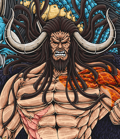 Kaido character design in one piece anime for t-shirts artwork design graphic design illustration