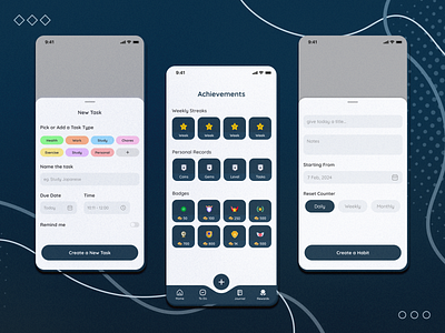 Habit Tracker App Design 3d achievements branding conceptualappdesign dailyhabits habittracker mobileappdesign mobiledesign newtaskpage personalgrowth productdesign todolist ui uidesign uiux uxdesign vitalityapp