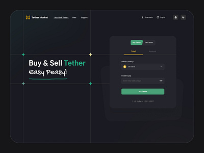 Tether Market Home Page buy and sell crypto crypto currency dark dark mode dashboard dollar exchange green hero section home page landing price responseive swap table tether ui wallet