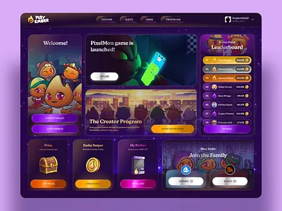 PlayEmber Dashboard app bento connect creator program crypto dashboard gaming header layout leaderboard login nft opensea pixelmon prize ranking reward ui wallet web