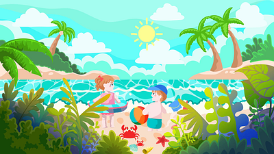 Season Collection - Summer adobe animation beach children playing crabs design graphic design illustration live wallpaper motion graphics sand seashore season shell summer tropic tropical view ui vector waves