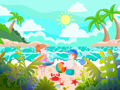 Season Collection - Summer adobe animation beach children playing crabs design graphic design illustration live wallpaper motion graphics sand seashore season shell summer tropic tropical view ui vector waves