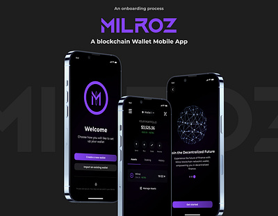 Milroz Blockchain Wallet Mobile App 3d adobe xd animation app design blockchain branding crypto figma graphic design logo mobile app motion graphics nft onboarding onboarding screens screens ui ux wallet web3