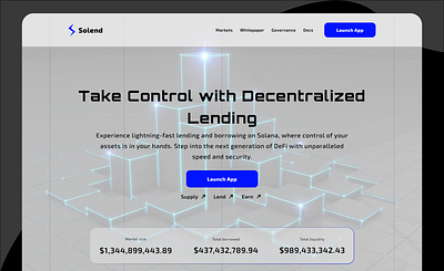 Solend: Decentralized Lending, A Hero Page Design adobe xd bitcoin blockchain crypto decentralized defi figma hero page landing page lending nft product design solana ui us ux web design web ui web3