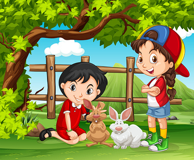 Girls playing with rabbits farm animation branding graphic design logo motion graphics ui