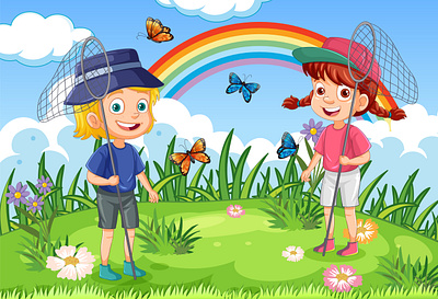 Kids catching butterfly garden 3d animation branding logo motion graphics ui