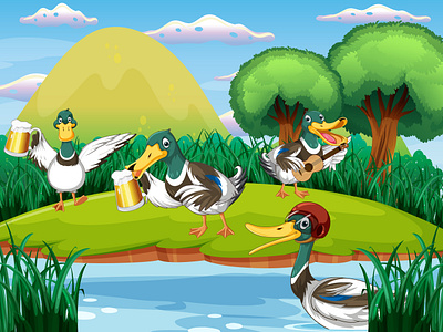 Outdoor scene with cartoon ducks 3d animation logo motion graphics