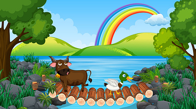 Scene with cow duck bridge animation graphic design logo ui