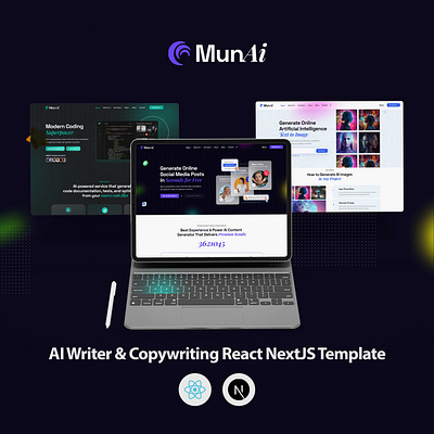 MunAi - AI Writer & Copywriting React NextJS Template ai blogging template ai powered writing ai writer ai writing template blogging tool content creation content generation content management copywriting template digital marketing interactive ui marketing copy modern web template nextjs template professional copywriting react template responsive design seo friendly technology blog web development