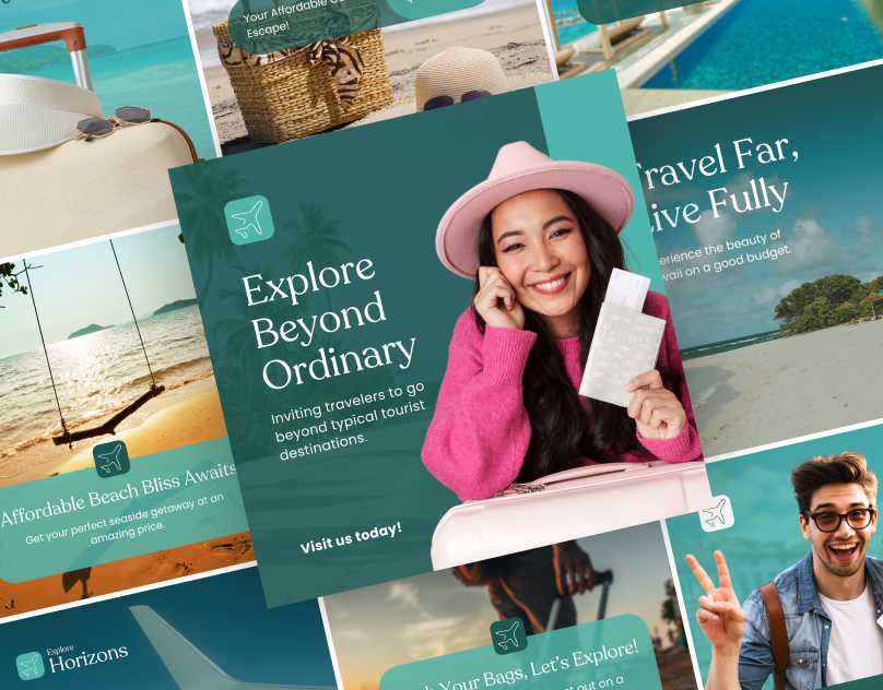 Explore Horizons advertising branding designs graphic design illustration logo social media posts travel agency designs visual designs