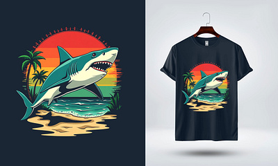 A vibrant retro vector design featuring a cool shark at the beac brand design graphic design illustration logo tshart