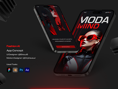 Fashion AI App Design - ModaMind ai app application darkmode design dressshop fashion figma futuristic graphic design mobile moda modern motion graphics onlineshop red red and black shop shopapp ui