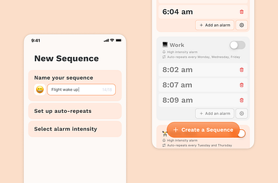 Alarm app, with features like alarm grouping and auto-intervals alarm alarm app app branding button clean clock component design dieter rams intervals ios logo minimal mobile app orange product design set up ui ux