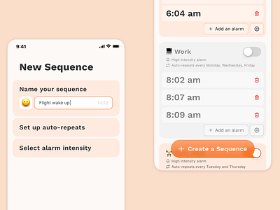 Alarm app, with features like alarm grouping and auto-intervals alarm alarm app app branding button clean clock component design dieter rams intervals ios logo minimal mobile app orange product design set up ui ux