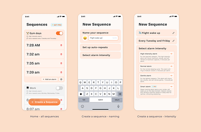 Alarm app, with features like alarm grouping and auto-intervals alarm alarm app app button cards clean component design dieter rams grouping ios minimal mobile app orange product design ui ux