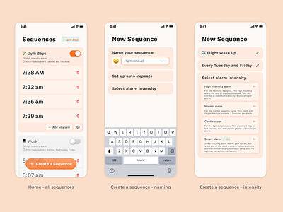 Alarm app, with features like alarm grouping and auto-intervals alarm alarm app app button cards clean component design dieter rams grouping ios minimal mobile app orange product design ui ux