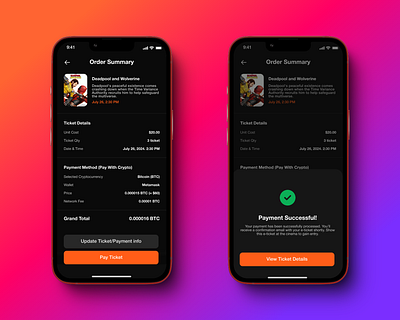 Movipay - Payment Successful bitcoin blockchain booking crypto design figma movie payment ticket ui uiux wallet