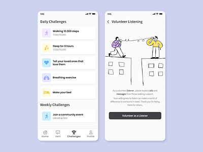 Wellbeing mobile app interface design listening mentalhealth mobile ui volunteer wellbeing