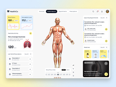 Dashboard Design for Real-Time Patient Monitoring 3d body model ai in healthcare focotik focotik agency health monitoring healthcare dashboard management medical ui design medical ux patient care system patient data visualization prescription real time patient tracking ui uiux