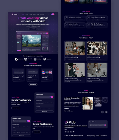 AI Video Generator Landing Pages UI Design ai powered content creation ai video creation ai video generator audio editing tools automated video production cloud based video tool creative software ui dark mode ui digital product landing page media asset management purple gradient design text to video generation timeline based editing ui ux designer user friendly design video editing interface video length control