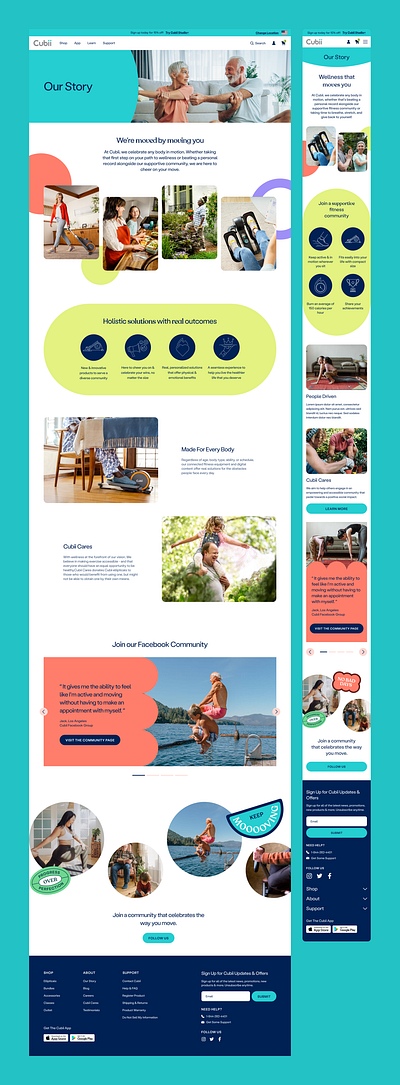 Cubii Our Story branding circles colorful commerce design elliptical exercise fitness graphic design health inclusive logo nutrition playful shop story ui ux web wellness