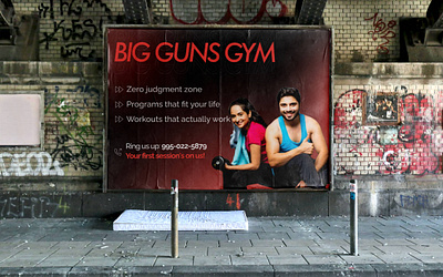 BIG GUNS GYM SIGNAGE/BILLBOARD VISUAL DESIGN branding gym billboard gym branding gym signage mockup visual design