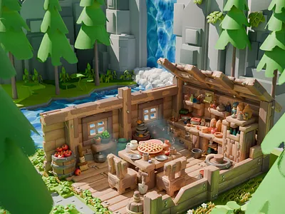 Waterfall house 3d 3dcharacter 3dmodel animation blender branding design illustration logo ui