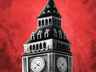 Big Ben - dark textured illustration collection #7 alone big bigben black blackandwhite building clock collection england english famous illustration london lonely mood red