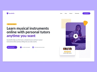 Soundedify - helps busy adults find personal music tutors b2c dailyui illustration landing minimal music purple saas web