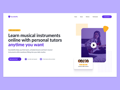 Soundedify - helps busy adults find personal music tutors b2c dailyui illustration landing minimal music purple saas web