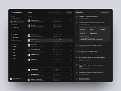 Leads management activities clean dark mode details freelancer lead lead management leads list management mortgage rate real estate sidebar uiux visual design