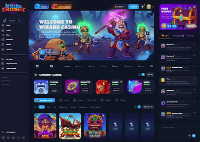 Wizard Casino: Home Page (animation) animation casino character animation dark interface dark mode gambling game animation game design game illustration game interface game ui home page illustration animation main page motion graphics navigation slot game slots uiux web design