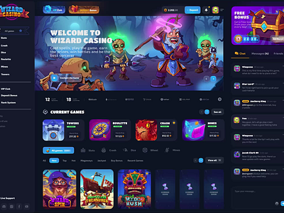 Wizard Casino: Home Page (animation) animation casino character animation dark interface dark mode gambling game animation game design game illustration game interface game ui home page illustration animation main page motion graphics navigation slot game slots uiux web design