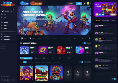 Wizard Casino: Home Page (animation) animation casino character animation dark interface dark mode gambling game animation game design game illustration game interface game ui home page illustration animation main page motion graphics navigation slot game slots uiux web design