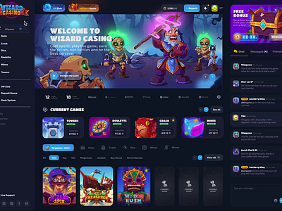 Wizard Casino: Home Page (animation) animation casino character animation dark interface dark mode gambling game animation game design game illustration game interface game ui home page illustration animation main page motion graphics navigation slot game slots uiux web design