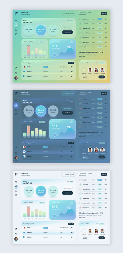 Web UI/UX design for Stream finance control app app design colorful dark design light ui ui design uiux ux ux design web app web design