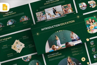 Clean Minimalist Education Google Slide agenda campus education green layout mockup placeholder presentation profile school university