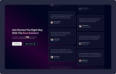 Testimonials & Customer Reviews Section dark dark shade demo design design section figma figma design glass gradient landing page people review testimonial testimonial section ui ui design user interface ux ux design website