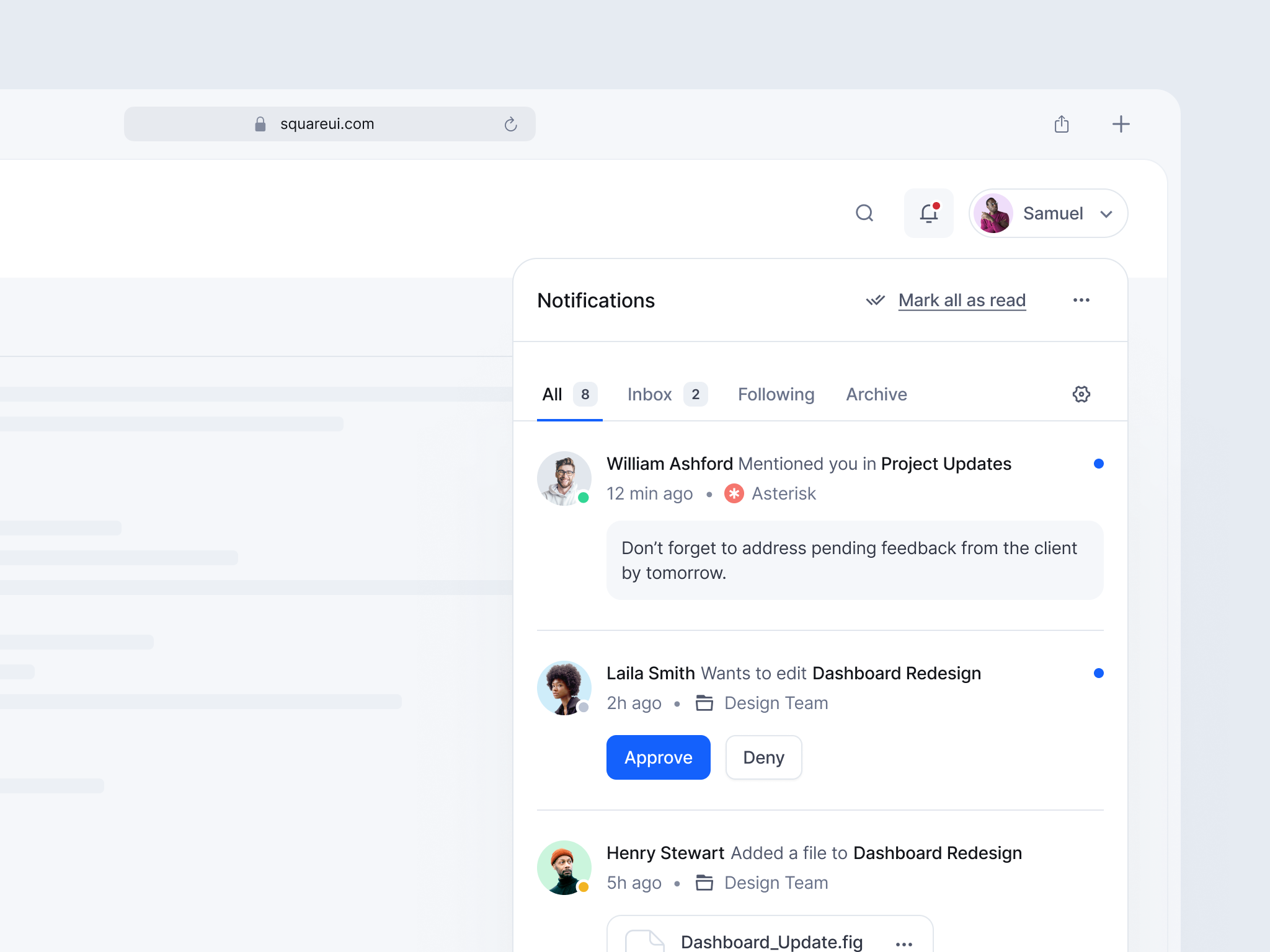 Notifications Modal - SquareUi design system figma modal notifications product design ui ux web design
