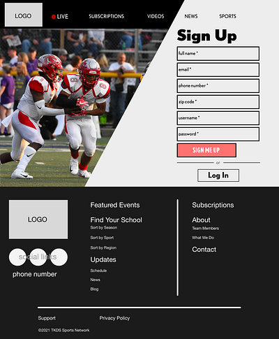 Web Wireframe for Sign Up Page for TV Network design football graphic design illustrator network photoshop sign up page sports tv tv network ui uiux ux web design wireframe