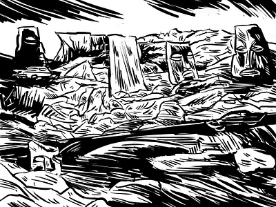 Unknown Mystery black and white brushes digital ink ink drawing landscape sketch study tiki waterfall