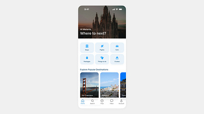 Travelling Home Screen App ✈️ app appdesign blue booking branding countries dailyui design figma home illustration ios location stay transporation travel travelling trips ui ux