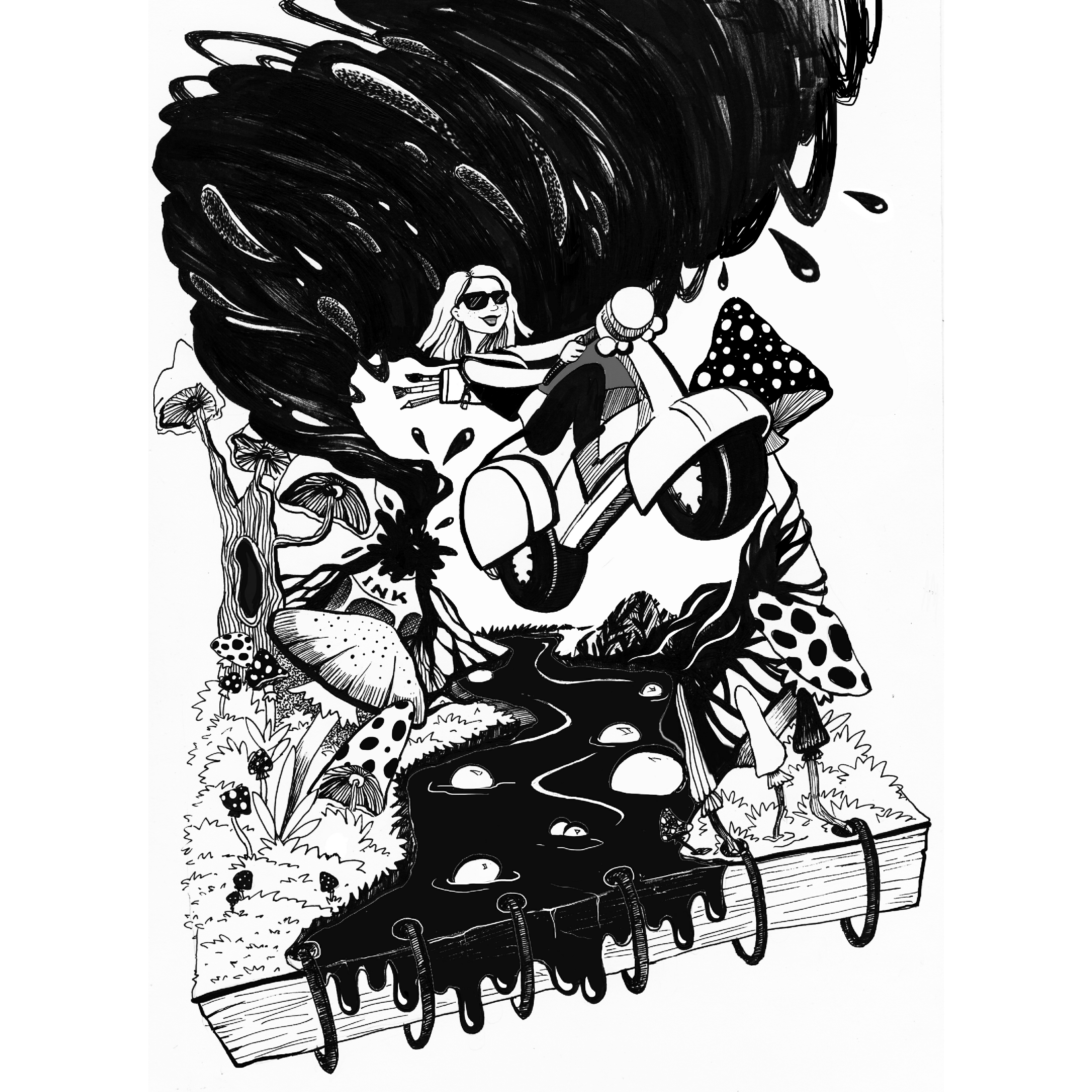 Ready or not, here i come artist black and white design drawing illustration ink minimalist simple vespa