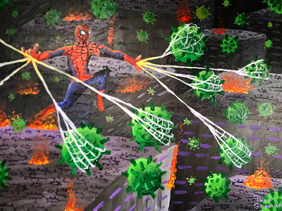 Spider-man vs COVID19 acrylicpainting burningcity cityscape contemproraryart covid19 spiderman spidermanfanart spidermanpainting spidermanvscovid19 virus virusorbs