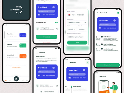 Request card screens for Alqaseh 2024 alqaseh arabic ui card request ui clean ui dutopia finance app fintech fintech app green ui neel litoriya saloneel saloni ui ux