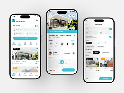 🏠 NestHouse - Real Estate Mobile App apartment building clean component detail screen filter screen home home screen listing mobile app real estate app real estate design rental search screen ui design ui interface villa