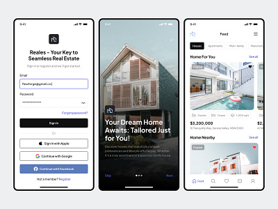 Reales UI Kit - Real Estate App (Authentication & Feed Screen) authentication screen feed screen find your home home comparison home finder app home search home value estimator house hunting house listing app house tour scheduling mortgage calculator property app property finder property listing property search app real estate real estate app real estate feed real estate marketplace ui kit